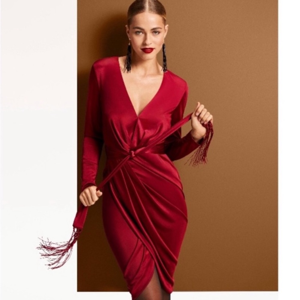 S ALTUZARRA Target Long Sleeve V-Neck Wrap Dress Maroon Burgundy Red - no belt